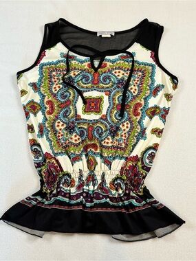 Carol Rose Womens Paisley Peplum Top Multi Color Mesh Yoke Smocked Waist Medium
